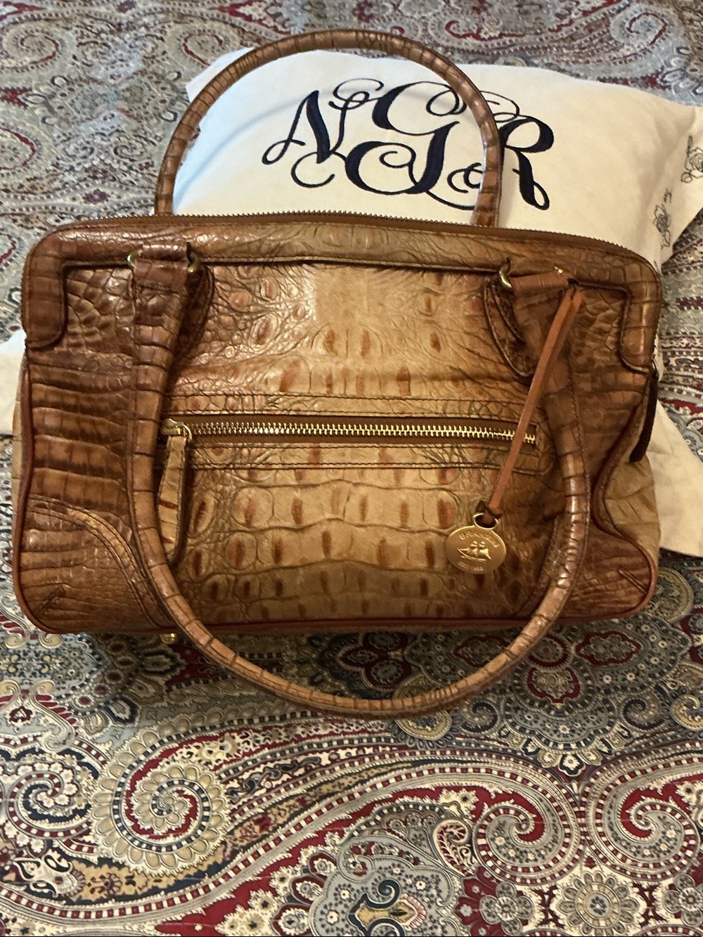 Brahmin Tan Croc-Embossed Leather Satchel with Gold Charm